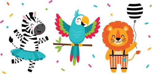 Fototapeta premium Cute Jungle Animal Party Characters with Zebra Parrot and Lion for Kids Birthday Decoration Nursery Print Cartoon and Vector Illustration Set