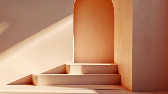 Soft sunlight gradually traveling across minimalist peach colored display stand, casting dynamic shadows and highlighting geometric architectural details with elegant precision