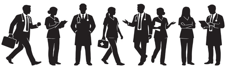 Fototapeta premium Diverse group of medical professionals in silhouette, including doctors and nurses, standing and walking with medical equipment.