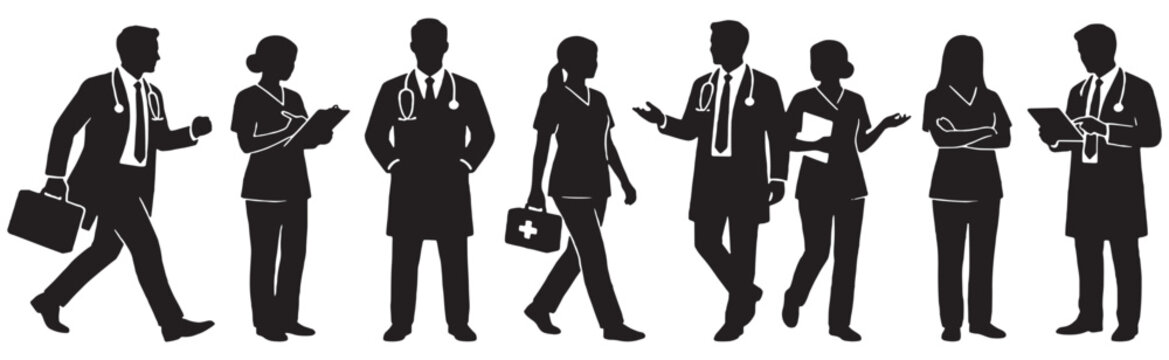 Diverse group of medical professionals in silhouette, including doctors and nurses, standing and walking with medical equipment.