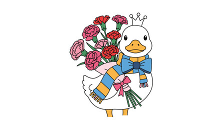 Naklejka premium White duck with crown wearing scarf holding bouquet of carnations