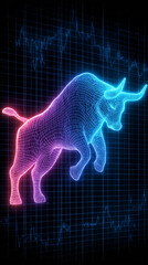 Neon wireframe bull over stock market grid