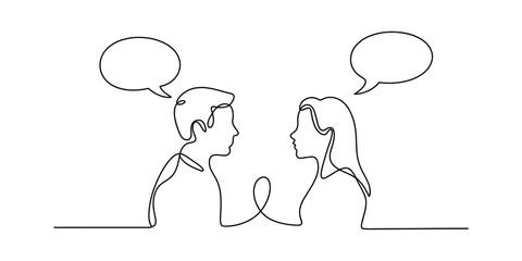 Continuous line drawing of a man and woman communicating with speech bubbles Vector, illustration © RK Drawing Gallery