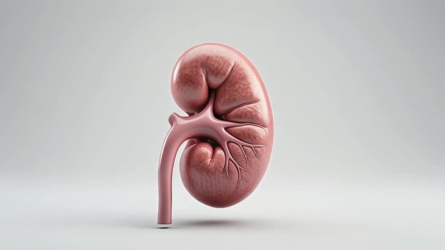 Detailed anatomical illustration of a human kidney showcasing its internal structure and ureter from a lateral viewpoint
