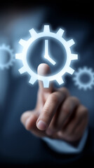 Businessman touching glowing clock gear icon for process efficiency