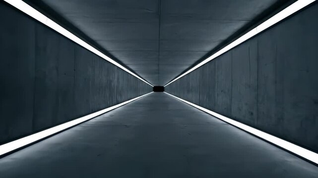 Geometric tunnel vision: An expansive architectural marvel. A long, dark tunnel with converging lines and a stark contrast of light and shadow, creating a captivating visual effect.