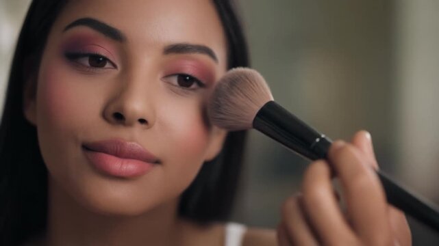 Close-up of a beautiful young woman applying blush to her cheek with a makeup brush, enhancing her natural beauty as part of her daily cosmetic routine