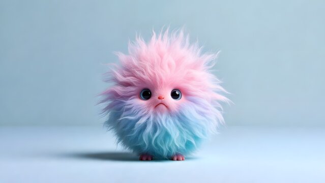 Adorable pink and blue fluffy monster character. Cute imaginary creature and soft toy mascot. Small fuzzy round animal with big eyes standing on a clean blue background.