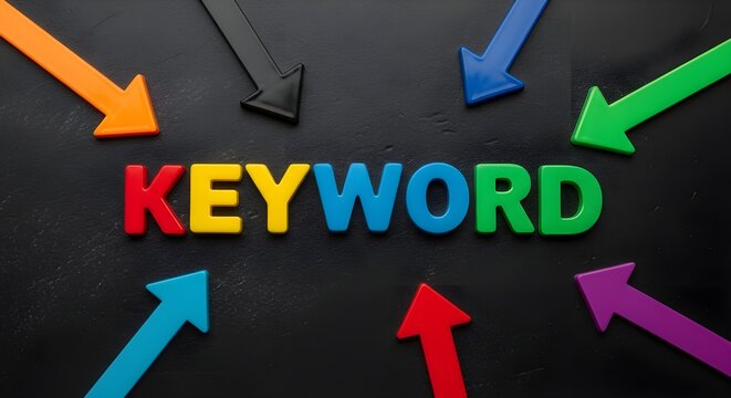 Colorful Keyword Text with Arrows on Dark Background &ndash; SEO and Digital Marketing Concept