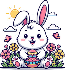 Cute Easter Rabbit Sitting with Decorated Egg and Floral Background