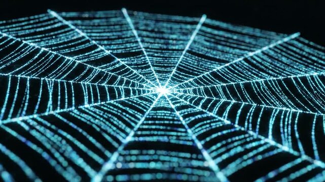 Glowing blue digital spider web pattern creating a futuristic network connection