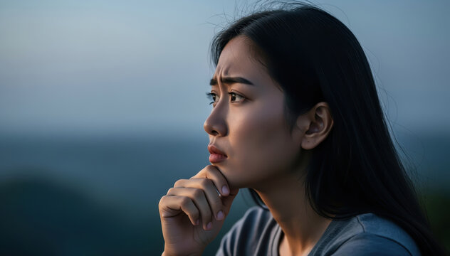 Introspective Pause: Portrait of thoughtful gaze. Capturing a woman in deep contemplation, expressing nuanced emotions of introspection and inner reflection.