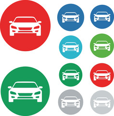 Modern car front view icons set in colorful circular flat design for automotive app and web interface