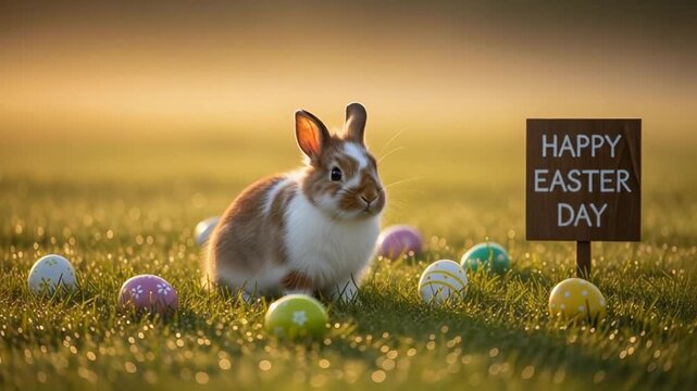 A brown and white bunny stands in a lush green meadow surrounded by colorful eggs and a sign that reads Happy Easter Day