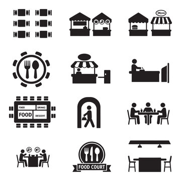 Collection of food court and restaurant icons representing dining, service, and food stalls.