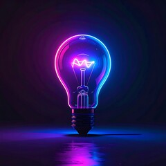 A glowing lightbulb with pink and blue neon against a dark background