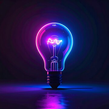A glowing lightbulb with pink and blue neon against a dark background