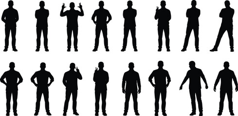 Human silhouettes in diverse standing poses, expressive gestures with arms and hands showing communication, body language illustration for vector design projects © MSTIRIN