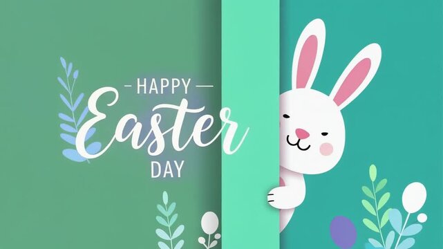 A cartoon bunny peeking from behind a green curtain with Easter greeting text on a spring background