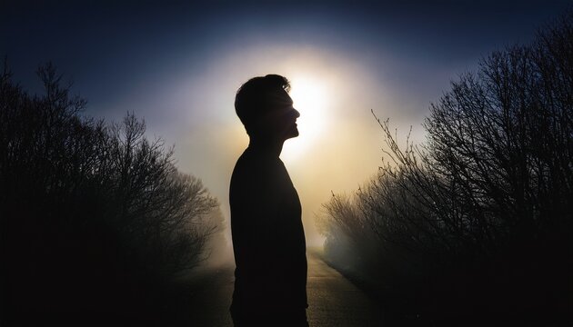 a silhouette in dim light with a faint glow creating a mysterious and atmospheric mood