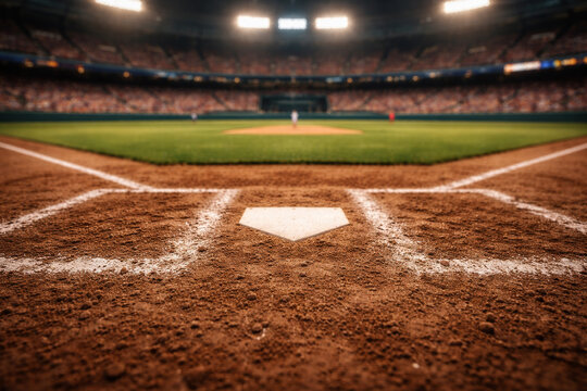 Low angle view of baseball home plate and diamond field in professional stadium with crowd blurred in background.