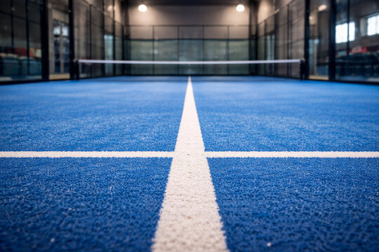 Low angle perspective of blue padel court surface with white lines and net inside modern indoor sports facility.