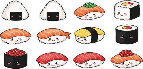 Cute Kawaii Sushi Cartoon Characters Vector Set with Salmon, Tuna, Nigiri and Maki Japanese Food Illustration Collection © Selim Studio