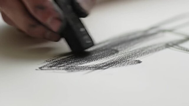 Hand with charcoal drawing textured strokes on white paper, creating an abstract form