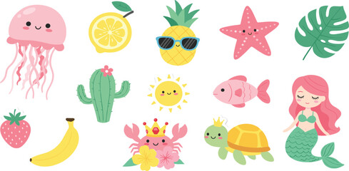 Cute Summer Cartoon Icon Set with Mermaid Jellyfish Pineapple Sun Turtle and Tropical Elements for Kids Stickers Nursery Prints and Vector Design © Selim Studio