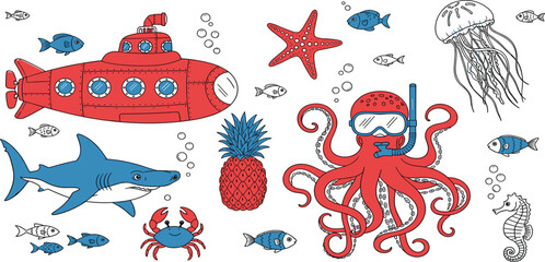 Cute Underwater Ocean Cartoon Set with Submarine Octopus Shark Jellyfish Fish and Sea Creatures for Kids Marine Vector Illustration © Selim Studio