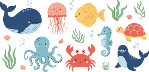 Cute Underwater Sea Animals Vector Set with Whale, Octopus, Crab, Jellyfish, Turtle, Seahorse and Ocean Cartoon Characters © Selim Studio