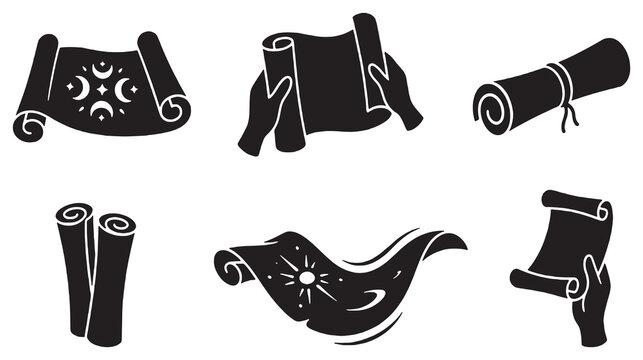 Collection of six black silhouette icons representing scrolls and rolled documents, some held by hands.