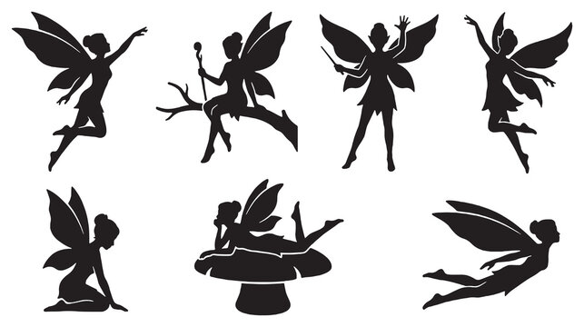 Collection of Black Silhouettes of Fairies in Various Poses, Isolated on White Background.