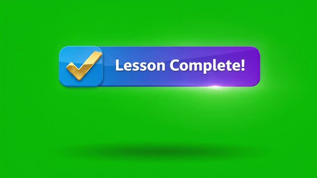 A blue and purple button with a checkmark on a green background, indicating completion of a lesson or task.