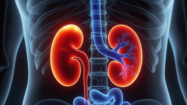 Human kidneys highlighted in red and blue within a transparent body outline from a front view