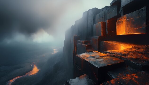 colossal weathered dark blocks with orange rust accents form a mysterious brutalist cliff edge shrouded in atmospheric mist evoking an alien landscape