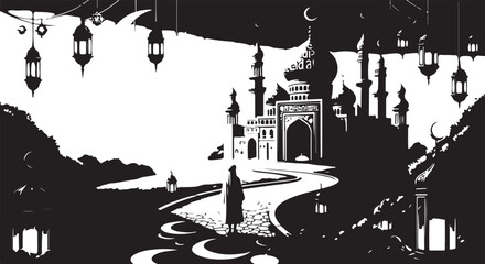 Obraz premium Vector illustration of a mosque with lanterns and a person walking on a path
