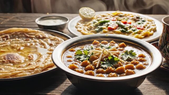 Delicious Indian breakfast spread with chickpea curry, paratha, and omelet on