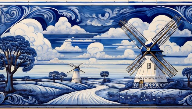 a traditional blue and white delftware tile featuring a dutch landscape with a prominent windmill and two distant ones under cloudy skies background removed