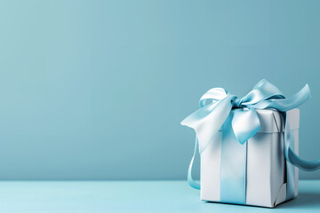 青色の背景に置かれた水玉模様の青いリボンがついたおしゃれなギフトボックス