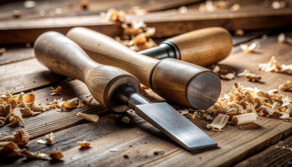 Close up of woodworking tools with wood shavings on a wooden surface