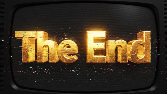 Golden the end text on vintage television screen with static noise and dark background