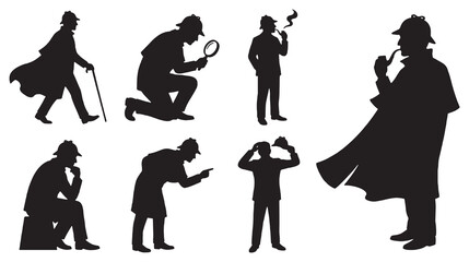 Collection of Silhouette Illustrations of Detectives Engaged in Various Activities.
