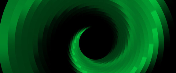 Dramatatic Dark Green Abstract Circular Geometric Background. A striking vector composition featuring luminous emerald green concentric arcs and pixelated segments on a deep black base. © Mamank Mr