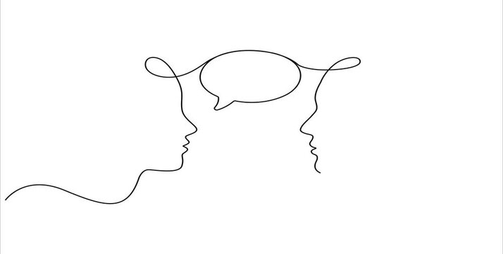 Animated self drawing of continuous line draw. head of a man with speech bubble. Full length one line animation. 4K