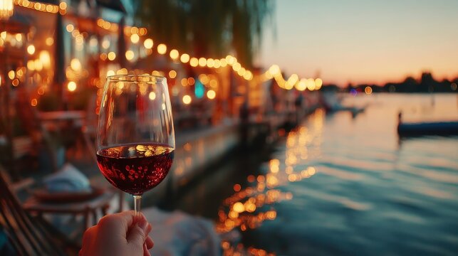 Red Wine Sunset: Waterfront Dining, Romantic Evening