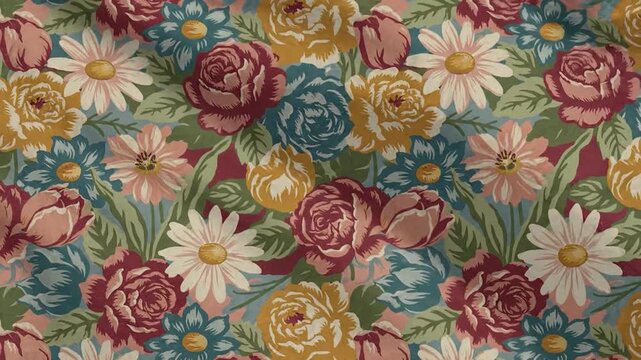 Seamless vintage floral pattern featuring colorful roses and daisies