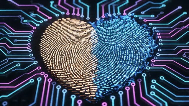 Heart fingerprint circuit ethical artificial intelligence technology concept digital connection glowing neon cyber board pattern