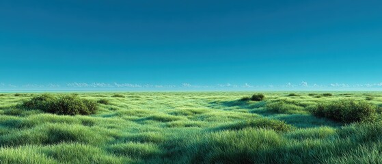 Fototapeta premium Vast green marshland under a clear blue sky with scattered clouds, showcasing a peaceful natural wetland environment.