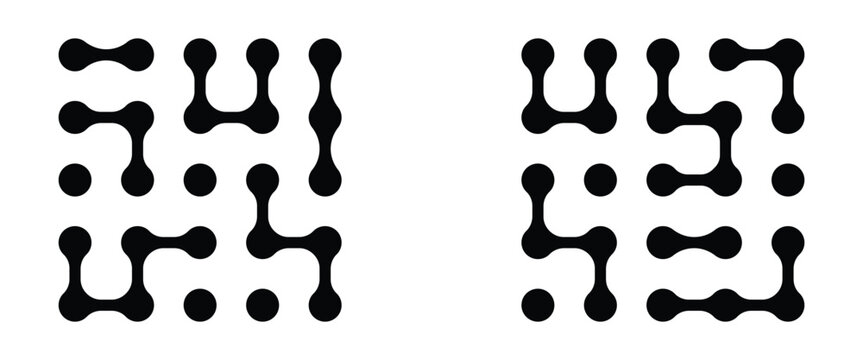 Pattern of black meta balls isolated on white background. Modern geometric shapes of liquid connected drops. Diagonal meta ball connected circles shape. Abstract nerve cell dots or computer nano net.
